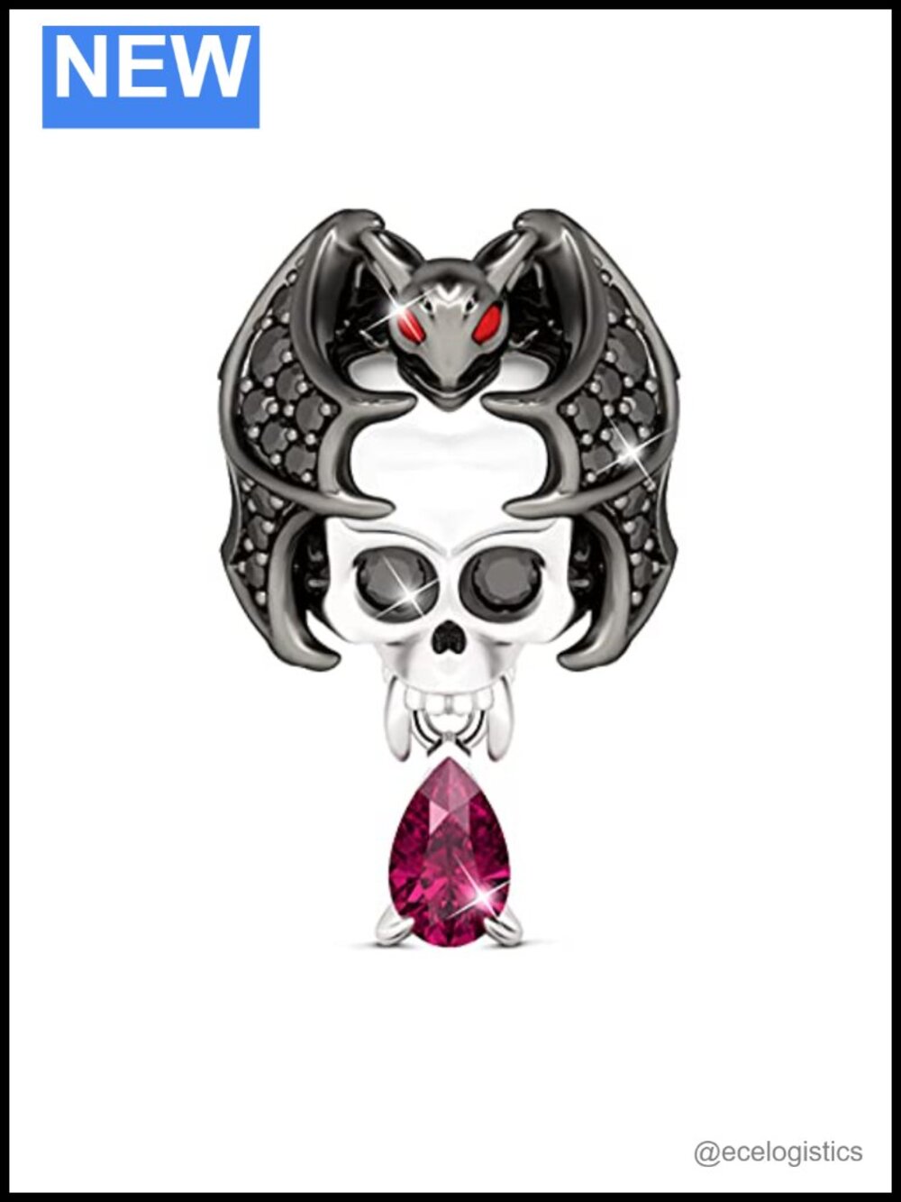Bat Skull Charm S925 Sterling Silver Black CZ Lights Up Bracelet Necklace